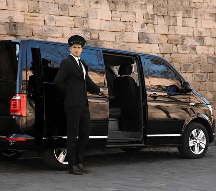 Chauffeur waiting by luxury vehicle.