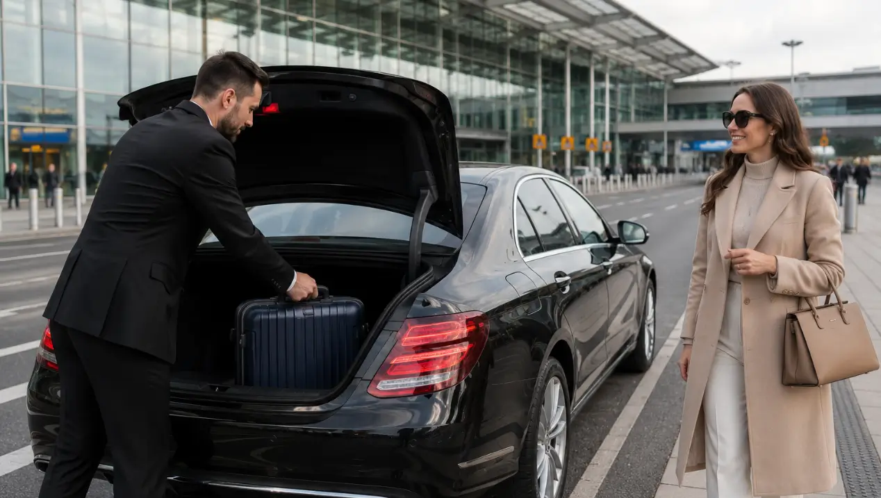 Professional chauffeur loading luggage into the trunk of a black Mercedes-Benz E-Class from Heathrow Airport